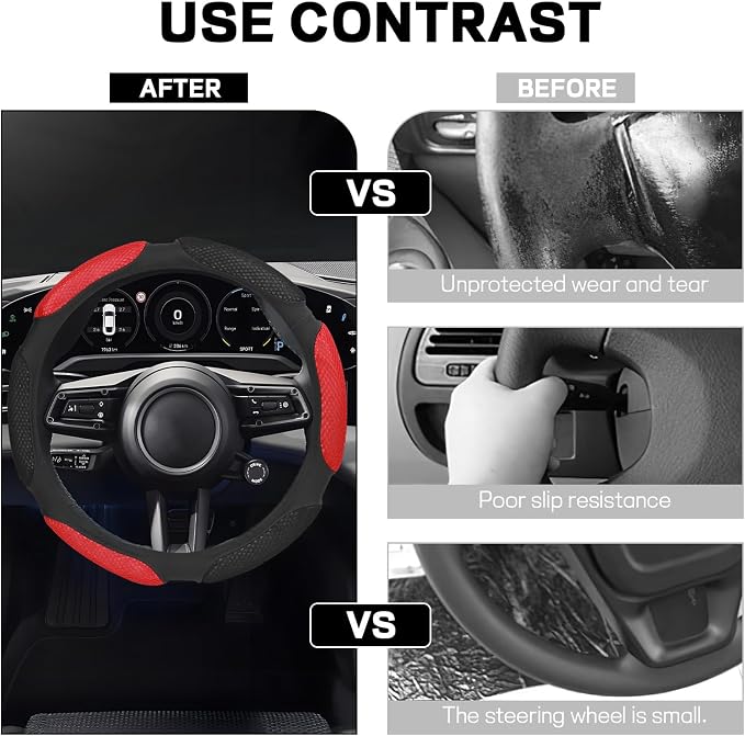 Wuyaoyao Car Steering Wheel Cover, 15 Inch PU Leather Anti-Slip Steering Wheel Covers Protector with Soft Hand Pad Cushion, Breathable & Comfortable, Universal Interior Car Accessories (Black+Red)