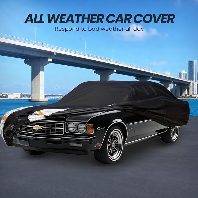 Multi-Layer Car Cover Custom Fit for Chevrolet Caprice (1970-2016), 100% Waterproof All Weather for Automobiles, Gift with Towel, Heavy Duty Car Covers for Rain Sun UV Protection with Door Zipper.