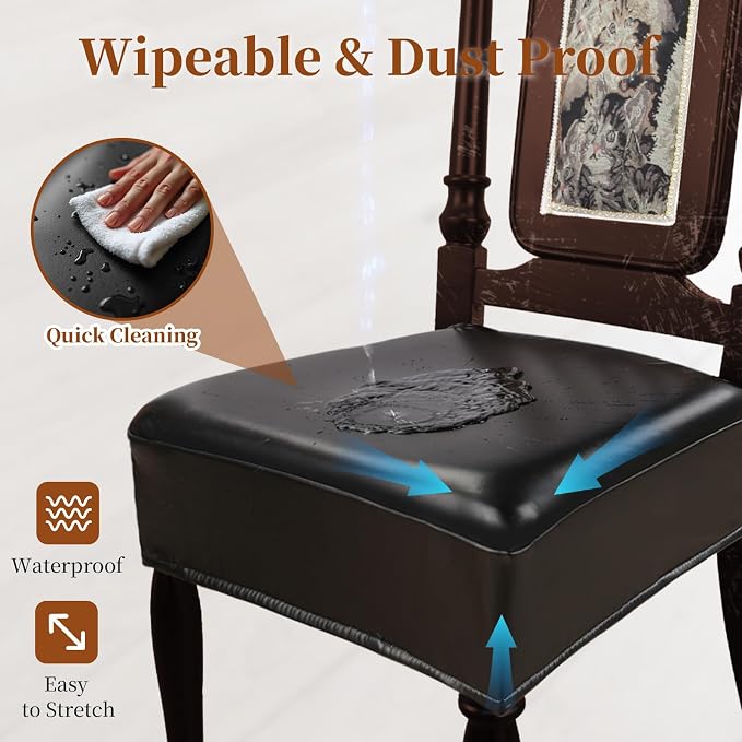 Waterproof Dining Chair Seat Covers Leather Kitchen Seat Covers, Stain Resistant Stretch Chair Seat Covers for Dining Room Chairs Set of 8, Rear Covered Washable Dining Chair Covers Black