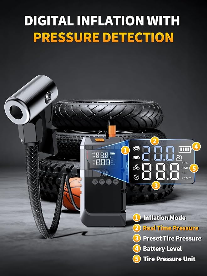 Portable Battery Jump Starter with Air Compressor for Car | 12V Jump Box with 160PSI Tire Inflator for Car Battery, LED Display for All Gas & 12L Diesel Engines, Light, Jumper Cables