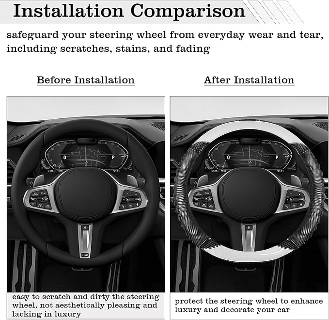 5D Honeycomb Knight White Car Steering Wheel Cover,14.5-15 Inch Universal Carbon Fibre Leather Covers Breathable Anti-Slip Odorless Steering Wheels Accessories for Men Women