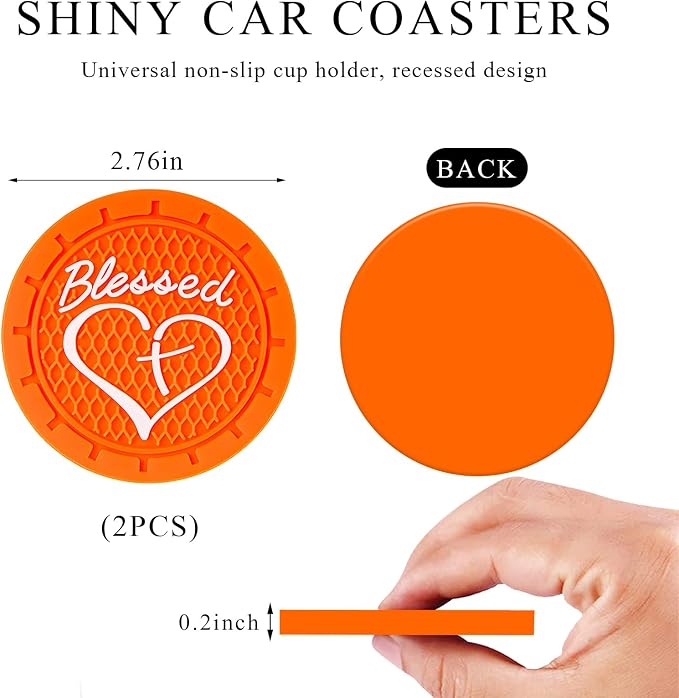KVAEY 2 PCS Car Cup Holder Coasters, 2.76 Inch Anti Slip Vehicle Drink Mats with Cute Blessed Cross and Heart, Shockproof, Universal Car Accessories (Orange, 2 PCS)