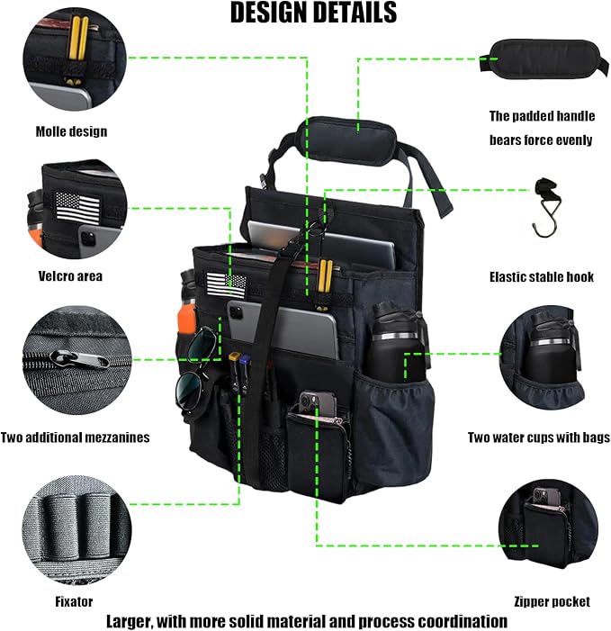 2 Pack Front or Seat back organizer seat side pocket with dedicated tablet and 17 IN laptop storage stabilizers external stabilizing side straps soft adjustable shoulder straps (Large Black)