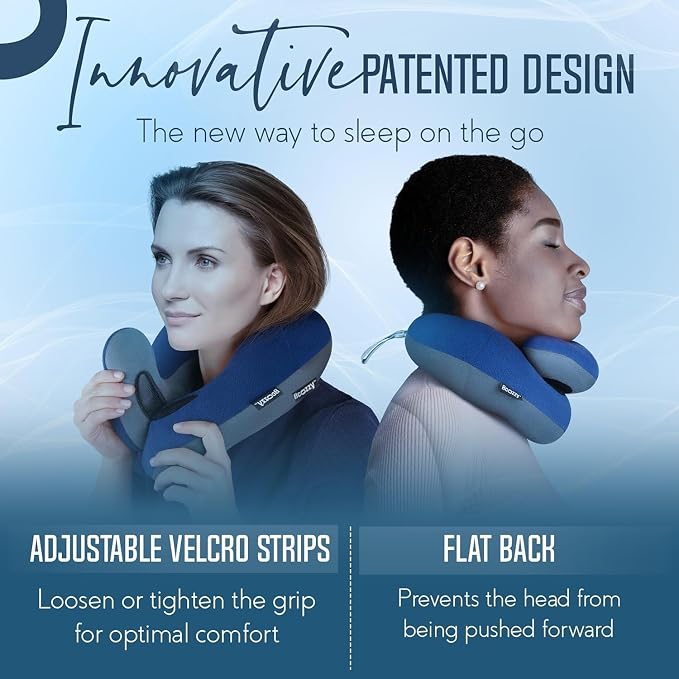 BCOZZY Travel Neck Pillow for Airplane – Patented Double Support for Head, Neck, and Chin. Best for Long Flights, Plane Sleeping, and Car Rides. Adjustable Size. Fully Washable. Carry Bag. Large, Gray