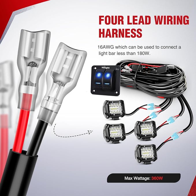 Nilight 16AWG LED Light Bar Wiring Harness Kit 12V On/Off 2 Gang Rocker Switch Panel Power Relay Blade Fuse 5Pin Toggle Switches for Cars Boat ATV Trucks-4 Leads
