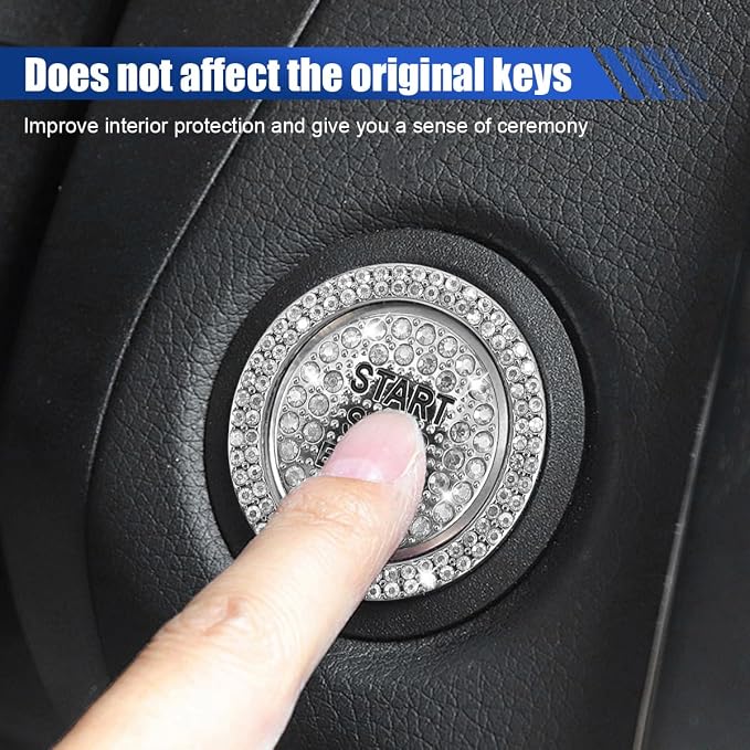 Bling Crystal Car Engine Start Ring Sticker, Sparkling Rhinestone Push Start Button Decorative Cover, Anti-Scratch Key Ignition & Knob Bling Ring Car Interior Accessories for Women (2PCS White)