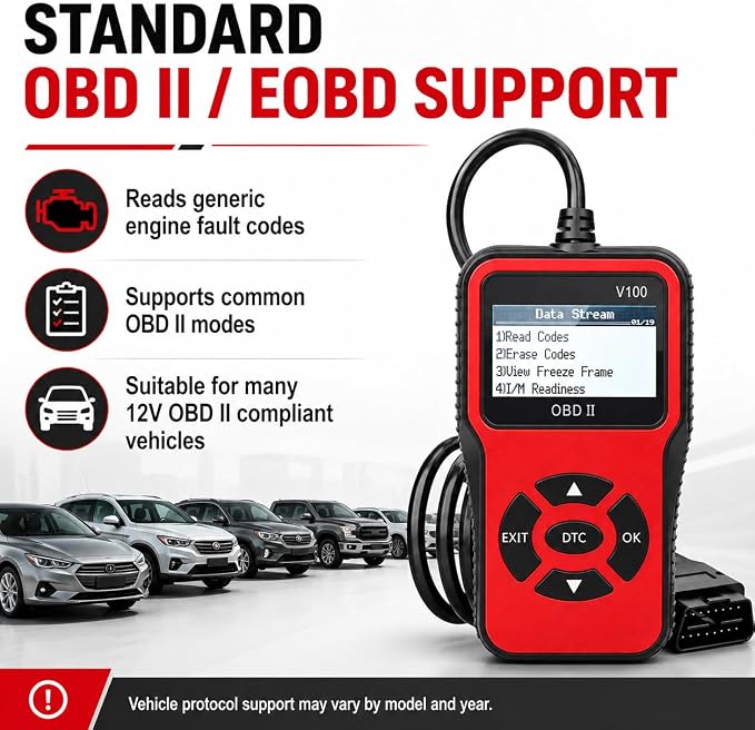 V100 OBD2 Diagnostic Diagnostic Tool Tool, Code Reader, Engine Light Diagnostic Tool, Battery Voltage Tester, for OBD2 Cars & Trucks Since 1996