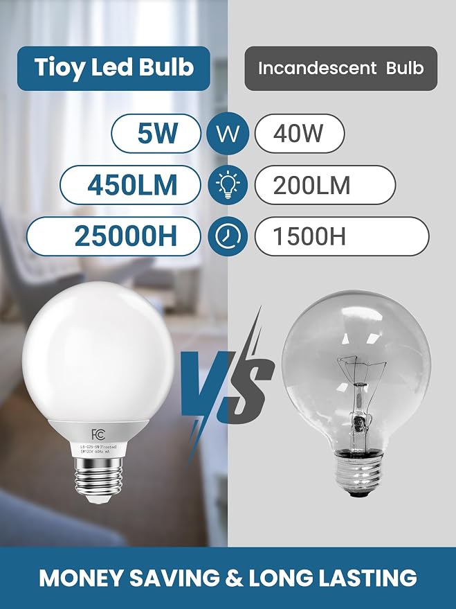 TJOY G25 LED Globe Light Bulbs, Vanity Light Bulb for Bathroom 40W Equivalent, 5000K Daylight White E26 Base, Round Decorative Bulb for Vanity Makeup Mirror, CRI85+, 450LM, Non-Dimmable, UL, 6 Pack