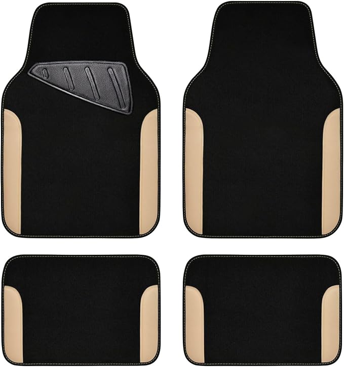CAR PASS Waterproof Car Floor Mat, Universal Fit Car Mats with Driver Heel Pad, Leather Car Carpet, Anti-Slip Nibbed Backing Floor Mats for SUV, Vans,Sedan,Truck, Automotive Floor Mats (Black Beige)