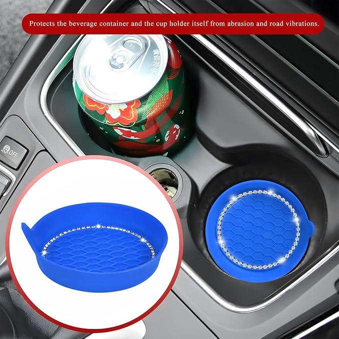 Sun Walker 4 PCS Bling Car Cup Holder Coaster, Non Slip Sparkly Rhinestone Cup Holder Pad Insert Coaster, Shockproof Silicone Shiny Embedded Drink Mat Interior Decor for Most Vehicles (Blue)