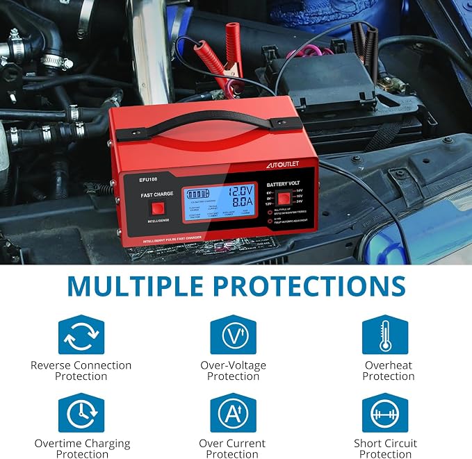 AUTOUTLET Upgraded 8 Volt Battery Charger for Golf Cart Automotive Battery Charger and Maintainer 0-14A with Cable Clamps for 6/8/12/14/16/24V Lead-Acid Batteries