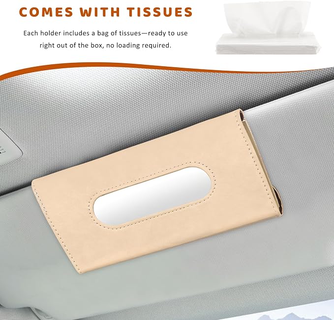 Car Visor Tissue Holder, Premium Leather Sun Visor Napkin Organizer with Tissue Refill, Universal Backseat Napkin Case Sunvisor Mask Holder for Cars SUVs Trucks RVs (Beige)