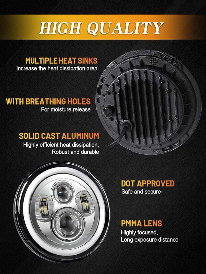 ZIMABLUE 7 inch led Headlight Chrome Round Projector 7 inch Halo led Headlight H6024 DOT Approved Hi/Lo Beam DRL Amber Turn Signal Compatible with Jeep Wrangler JK TJ CJ Compatible with Chevy miata
