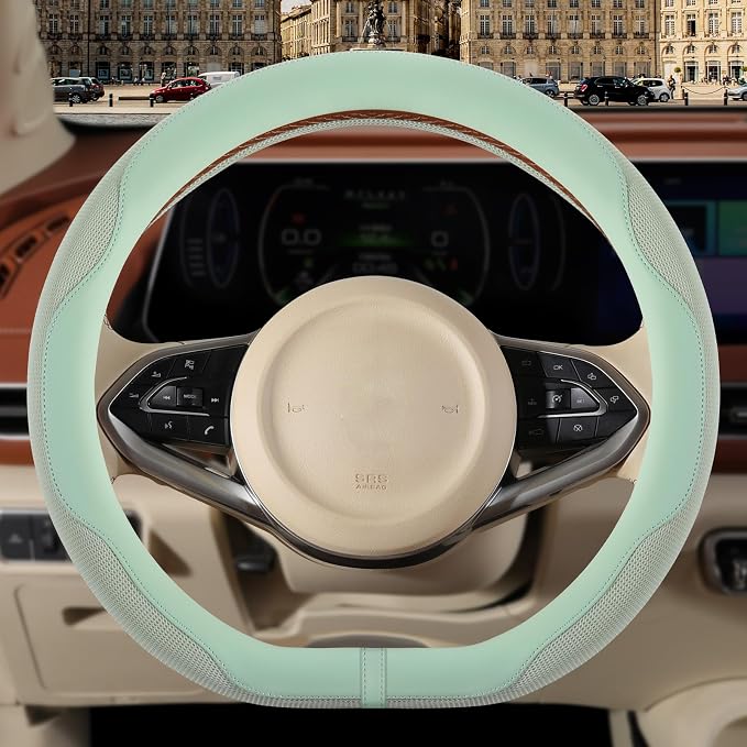 Nappa Leather Green D Shaped Steering Wheel Cover 15 inch | Non-Slip Breathable Microfiber Leather Ice Silk Fabric, Warm in Winter and Cool in Summer Universal 14.5 inch to 15 inch