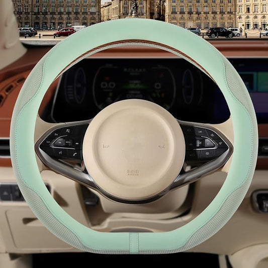 Nappa Leather Green D Shaped Steering Wheel Cover 15 inch | Non-Slip Breathable Microfiber Leather Ice Silk Fabric, Warm in Winter and Cool in Summer Universal 14.5 inch to 15 inch