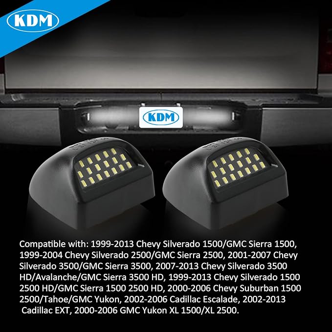 KDM LED License Plate Lights fit for 1999-2013 Chevy Silverado GMC Sierra 1500 2500 3500 HD Suburban Tahoe Cadillac Escalade EXT Yukon XL, 6000K White Black Housing 2pcs pack