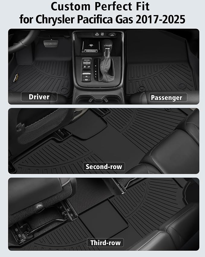 Floor Mats Custom for Chrysler Pacifica 2017-2025 2026 Gas 7-Seater | All Weather TPE Rubber Floor Liners, Cargo Liner, Backrest Mat Full Set for Pacifica Fuel Accessories (Non Hybrid & Pinnacle)