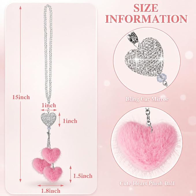 Frienda Pink Car Rear View Mirror Accessories for Women Bling Heart Shaped Rhinestone Hanging Charm Sparkly Rear Mirror Ornament Pendant Gift for Girlfriend Wife Female Drivers Car Interior Decoration