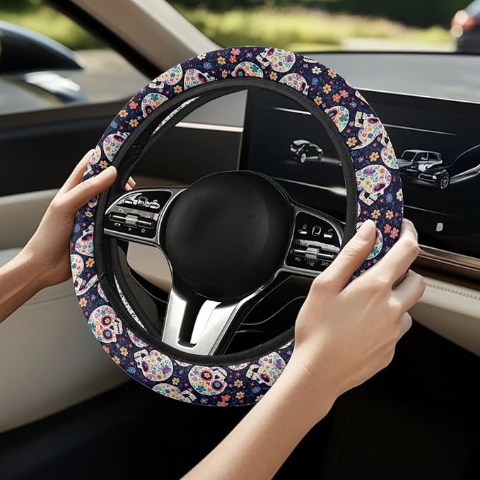 AFPANQZ Steering Wheel Cover for Women, Hippie Flower Skull Sweat Absorbing Non-Slip Steering Wheel Protection Case, Machine Washable Elastic Flexible Universal 14 to 15 inch