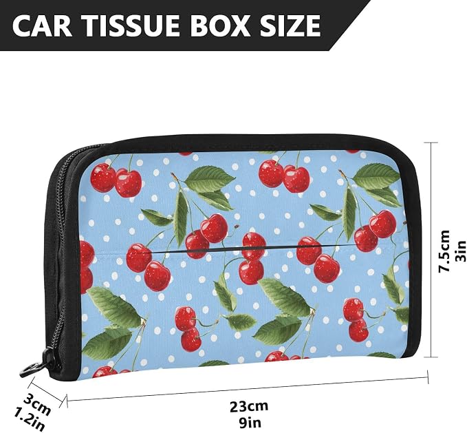 Car Tissue Holder Car Napkin Holder Car Tissue Box Dispenser Storage Case Sun Visor Mask Holder with Adjustable Straps Reusable Refillable Light Blue Dots Red Cherry