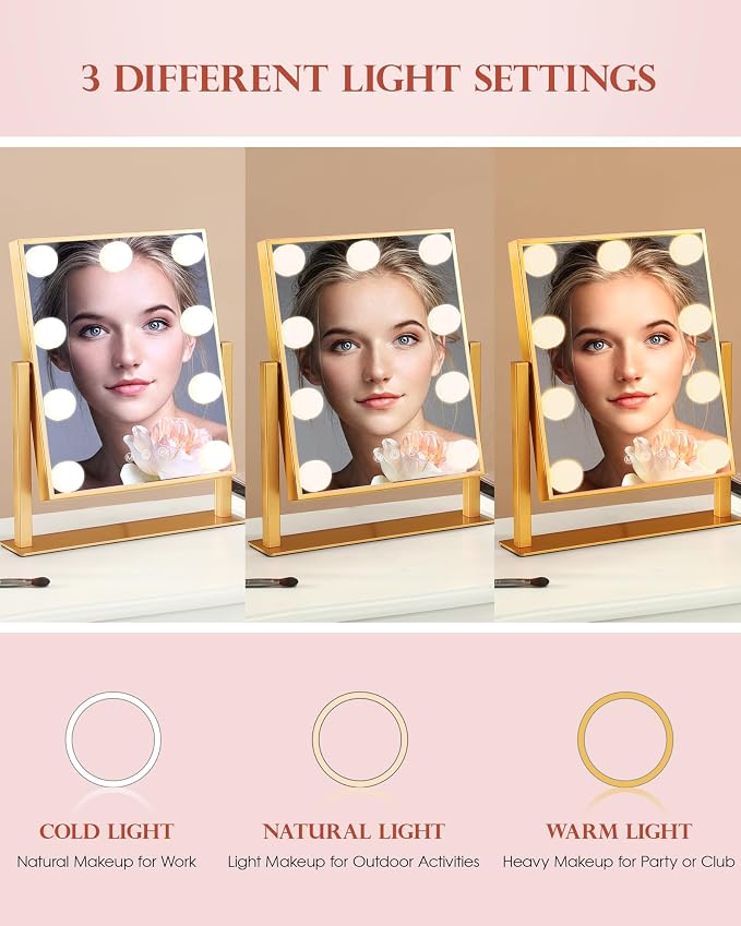 BWLLNI Vanity Mirror with Lights, Hollywood Mirror Lighted Makeup Mirror with 9 LED Bulbs, Touch Control Design 3 Colors Dimmable Bulbs Detachable 10X Magnification 360°Rotation(Gold)
