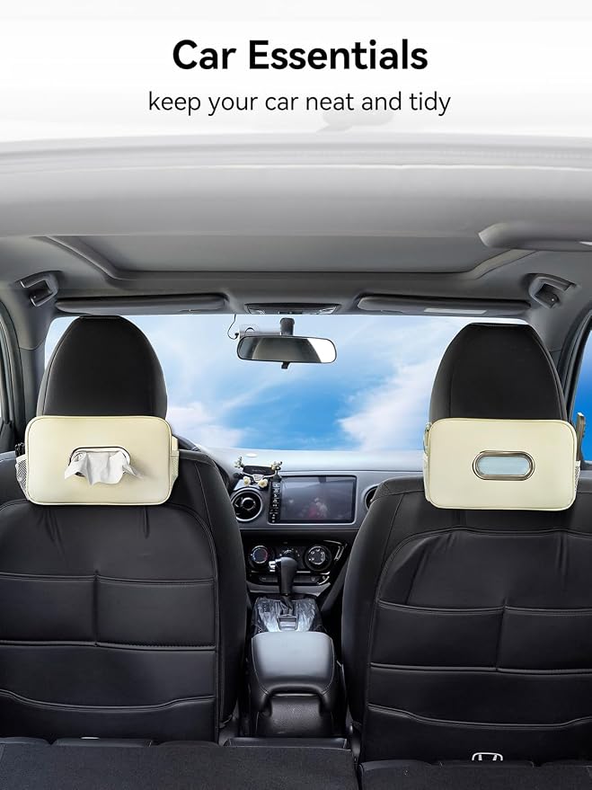 Multi-Functional Car Tissue Holder with ‌2 Storage Nets, Upgraded PU Leather Tissue Box Cover, Large Rectangle Napkin Organizer, Fit for 100-160 Regular Size Tissues, Keep Car Tidy, Beige