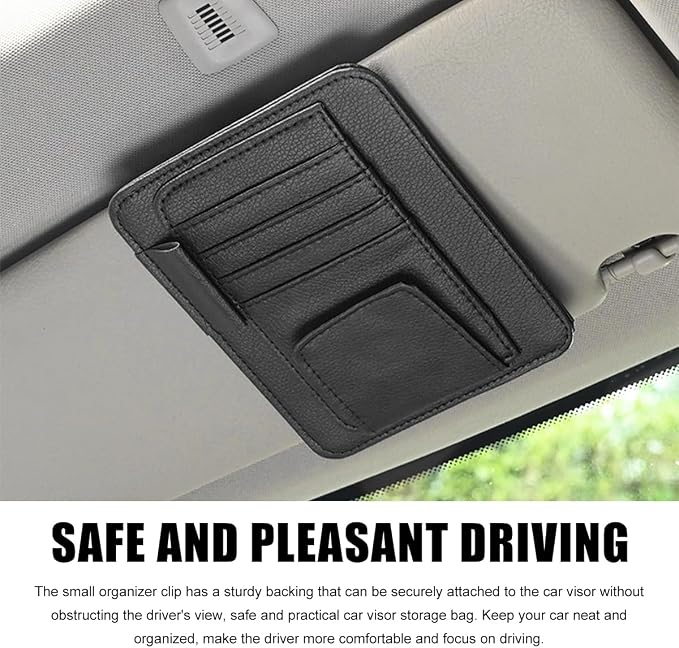 povtii Car Sun Visor Organizer, Waterproof Leather Car Sun Visor Storage Clip, Multifunctional Vehicle Sun Visor Folder with Sunglasses Clip, Universal Interior Car Accessories (Black)