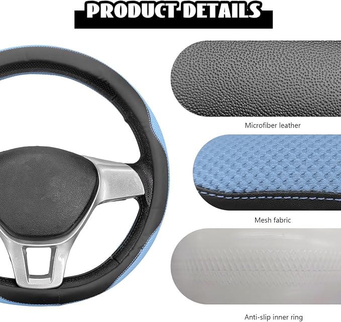 Microfiber Leather Steering Wheel Cover, Breathable Steering Wheel Protector with Anti-Slip Inner Ring, Universal 14.5"-15" Car Wheel Cover Auto Interior Decor for Men Women (Blue)