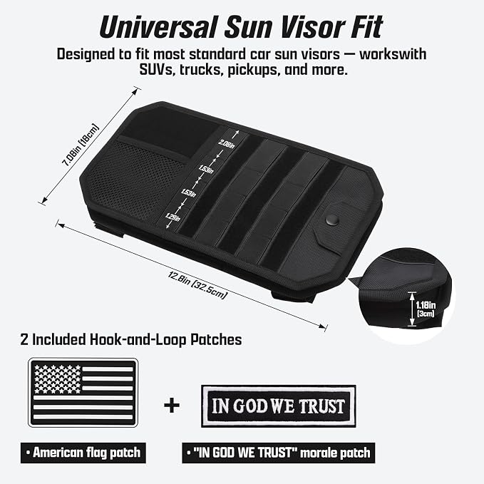 1000D Polyester Car Sun Visor Organizer with Sunglasses Holder | Tactical Organizer, MOLLE Panel, Universal, Mesh Pouch + Pen Slots + Zipper Pockets, Heavy Duty, Esay Installation