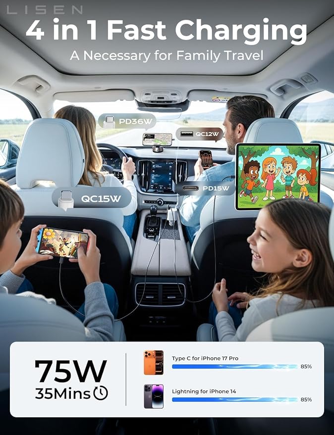 LISEN Retractable Car Charger for iPhone, for iPhone 17 Pro Max 16 15 14 13 12 Plus Mini, Cute 4 in 1 Retractable USB C Car Charger Fast Chareg for Women Men, 84W Fast Charging Car Accessorie | Multiple Ports Car Charger, Retractable Car Charger Fast C...