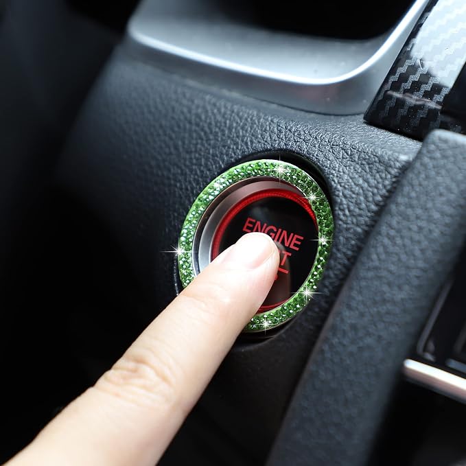 WINKA 2pcs Bling Car Engine Start Button Cover Diamond Crystal Push Start Stop Button Ring Sparkly Bling Ignition Button Cover Rhinestone Keyless Ignition Ring Universal Car Accessories (Light Green)