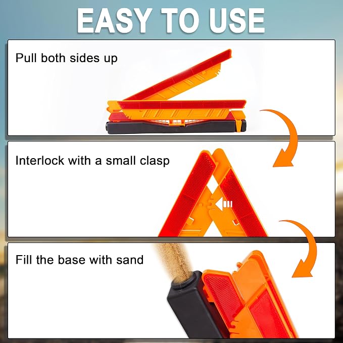 CARTMAN 12PK DOT Warning Triangles with Empty Base & Storage Case | No pre-filled sand, fill sand yourself for stability, high visibility reflectors meet US FMVSS 571.125 safety specs