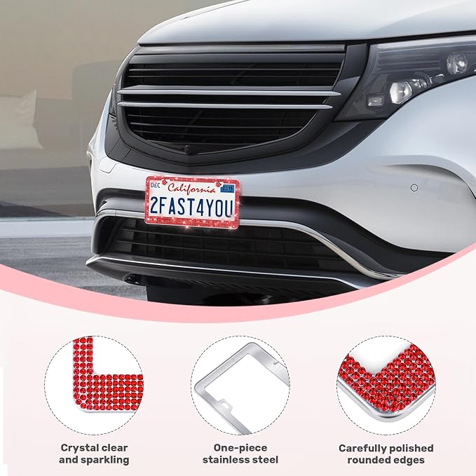 QUANQIUFEI 2 Pack Bling License Plate Frames, Sparkly Rhinestone Diamond Car License Plate Cover for Women, Stainless Steel Car Accessories with Glitter Crystal Caps (Light Siam)