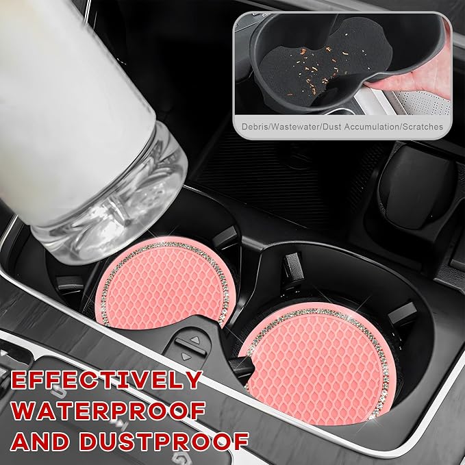4PCS Bling Car Cup Coaster, 2.69 Inch Anti-Slip Auto Cup Holder Drink Mat w/Crystal Rhinestones, Universal Shiny Diamond Vehicle Insert Coasters Cups Mats for Women (Pink & White)