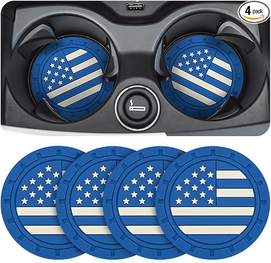 Osilly Car Cup Holder Coasters, 4 Pack American Flag Insert Car Cup Coaster, 2.75 Inch PVC Anti Slip Shockproof Embedded Drink Mat, Car Interior Decoration Accessories for SUV, Truck (Blue)