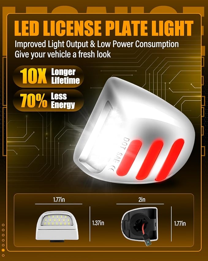 LESAUCE LED License Plate Lights Red OLED Neon Tube Tag Lights Silver Housing Assembly Replacement for Chevy Silverado GMC Sierra 1500 2500 3500 Tahoe Suburban Escalade Yukon XL, 6000K White, 2PS
