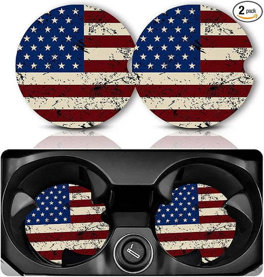 Yonlevres Car Coasters for Cup Holders，2.75" Anti Slip Rubber Mat with A Finger Notch, 2 Pack Car Cup Holder Coasters for Car Interior Accessories for Women Men American Flag