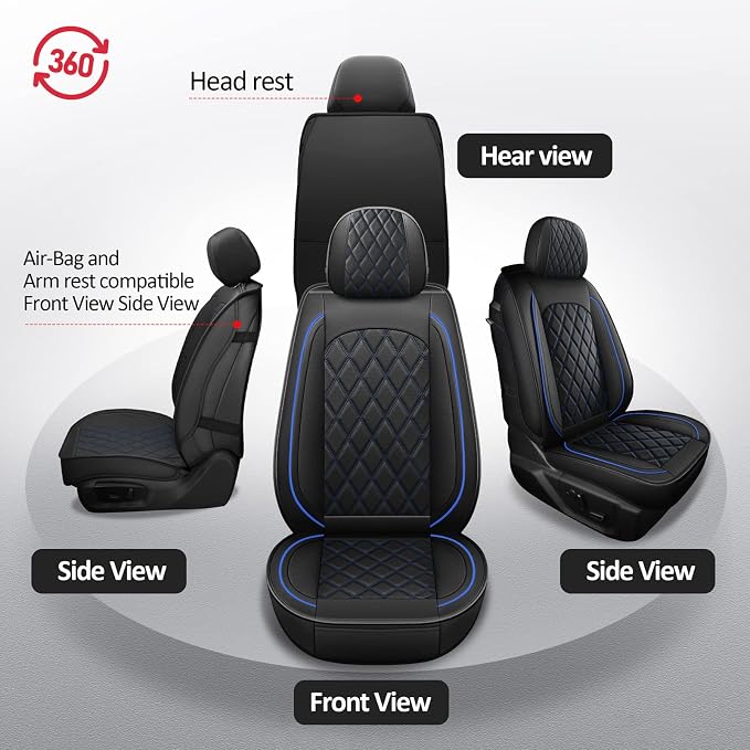 MIROZO Front Ram Seat Covers, Leather Truck Seat Covers Waterproof Car Seat Protector Compatible with 2009-2026 RAM 1500/2500/3500 Crew Quad Cab Pickup Cushions (2 PCS Front,Black and Blue)
