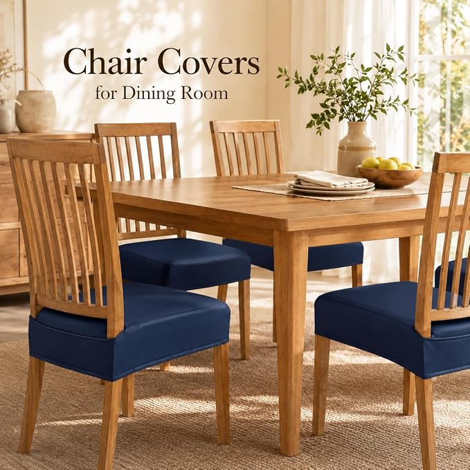 NILUOH Waterproof Seat Covers for Dining Room Chairs Set of 4, Pu Leather Chair Seat Slipcovers Dining Chair Cover Removable Washable Chair Protctor Cover, Rear Covers (PU-Navy)