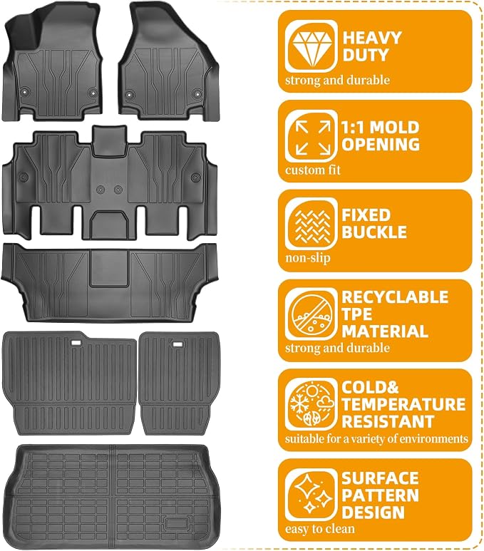 Floor Mats for Chrysler Pacifica 2017 2018 2019-2025 | for Voyager 2020-2025(ONLY Gas), 7/8 Seaters,TPE All Weather Protection Custom Fit Floor Mats & Seatback Mat & Cargo