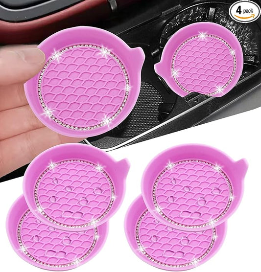 NBTEPEM 4PCS Bling Car Coasters, Non-Slip Insert Water Bottle Holder Pads, Bling Crystal Rhinestone Dustproof Automotive Interior Accessories, Universal for Vehicles, Trucks, RVs (4 pcs, Pink)