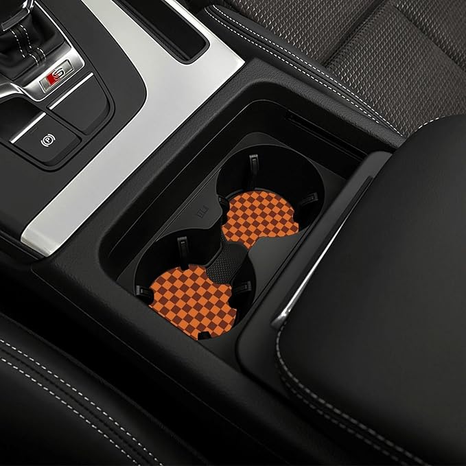 Checkered Brown Steering Wheel Cover - Brown Checkered Steering Wheel Cover Anti-Slip Breathable for 15 in Universal 2 Pcs Car Interior Cup Holder Pad for Men Women
