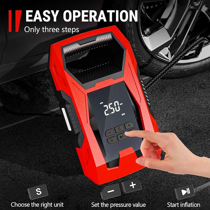 CARSUN AC/DC Tire Inflator Portable Air Compressor, Dual Power for Home 110V AC and Car 12V DC Air Pump with Pressure Gauge, Auto Shutoff, Tire Pump for Car Motorcycle Bike and Other Inflatables, Red