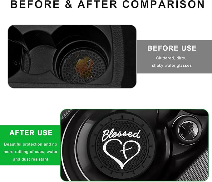 2 PCS Car Cup Holder Coaster, 2.76 Inch Soft PVC Non-Slip Blessed Cross and Heart Christian Car Cup Coasters, Auto Interior Shockproof Insert Drink Mat for Most Vehicles (Black)