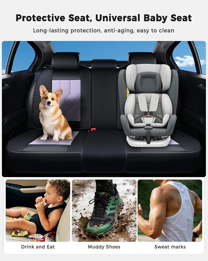 Huidasource Black&Purple Car Seat Covers, Universal Fit for Cars SUVs Truck | Full Coverage Leather Seat Cover, Airbag, Cupholder Compatible, Seat Function Retain, Easy Install with Velcro