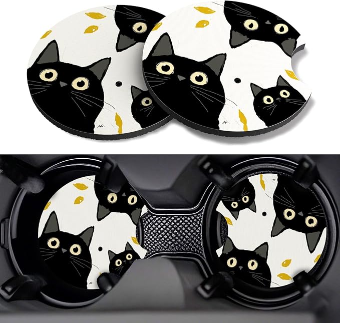 Car Cup Coasters,2 Pack Car Coaster,2.75inch Anti Slip and Absorbent Cars Coasters for Cup Holders,Car Accessories for Women,Cute Decor for Women (Three Black Cats)