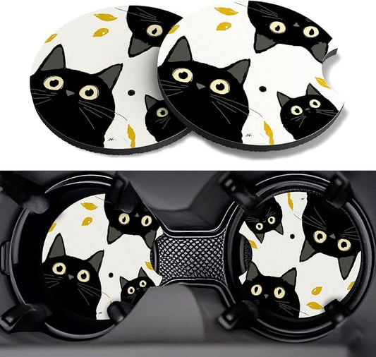 Car Cup Coasters,2 Pack Car Coaster,2.75inch Anti Slip and Absorbent Cars Coasters for Cup Holders,Car Accessories for Women,Cute Decor for Women (Three Black Cats)