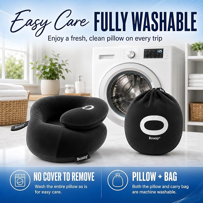 BCOZZY Flat Back Travel Neck Pillow – Patented Neck Pain Relief & Support for Head, Neck, and Chin. Ideal for Airplanes, Long Flights, Car Rides. Adjustable, Washable, with Carry Bag. Large, Navy