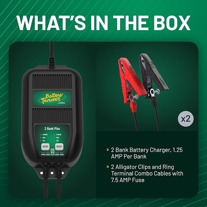 Battery Tender Plus 2 Bank Multibank Charger - 2.5 AMP (1.25 AMPs Per Bank) - Smart 12V Multi Battery Charger and Maintainer for Standard, AGM, and Lithium LiFePO4-022-0165-DL-WH