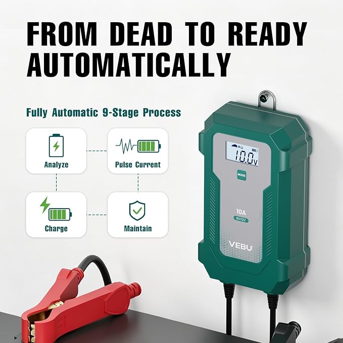 10A 6V/12V Smart Battery Charger- Automatic Maintainer, Trickle Charger & Desulfator with Overcharge Protection, Plug & Play Design for Lead-Acid & LiFePO4 Batteries